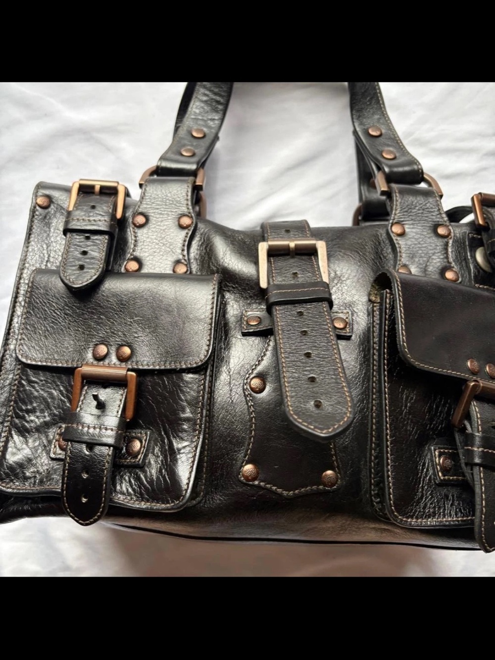 Mulberry Black Leather Buckle-Front Satchel with Copper Hardware - Picture 2 of 11